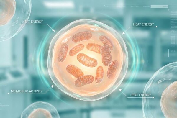Scientific illustration showing thermogenesis and metabolic heat production in human fat cells.