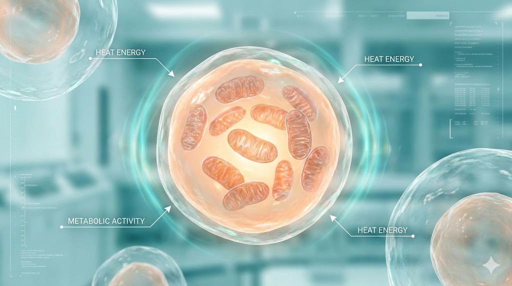 Scientific illustration showing thermogenesis and metabolic heat production in human fat cells.