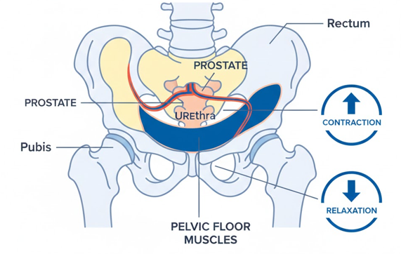 Side view diagram of male pelvic anatomy showing bladder, prostate, and pelvic floor muscle sling with contraction/relaxation arrows