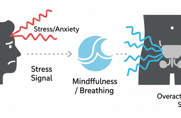 Conceptual diagram showing how stress signals from the brain can trigger overactive bladder symptoms in the pelvis, and how calming techniques can intercept this connection.