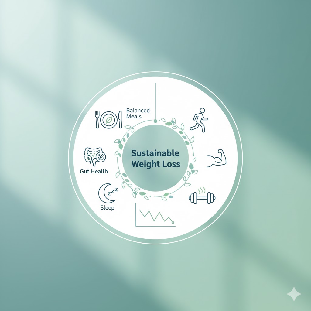 Sustainable weight loss methods including nutrition, exercise, sleep, and metabolism support