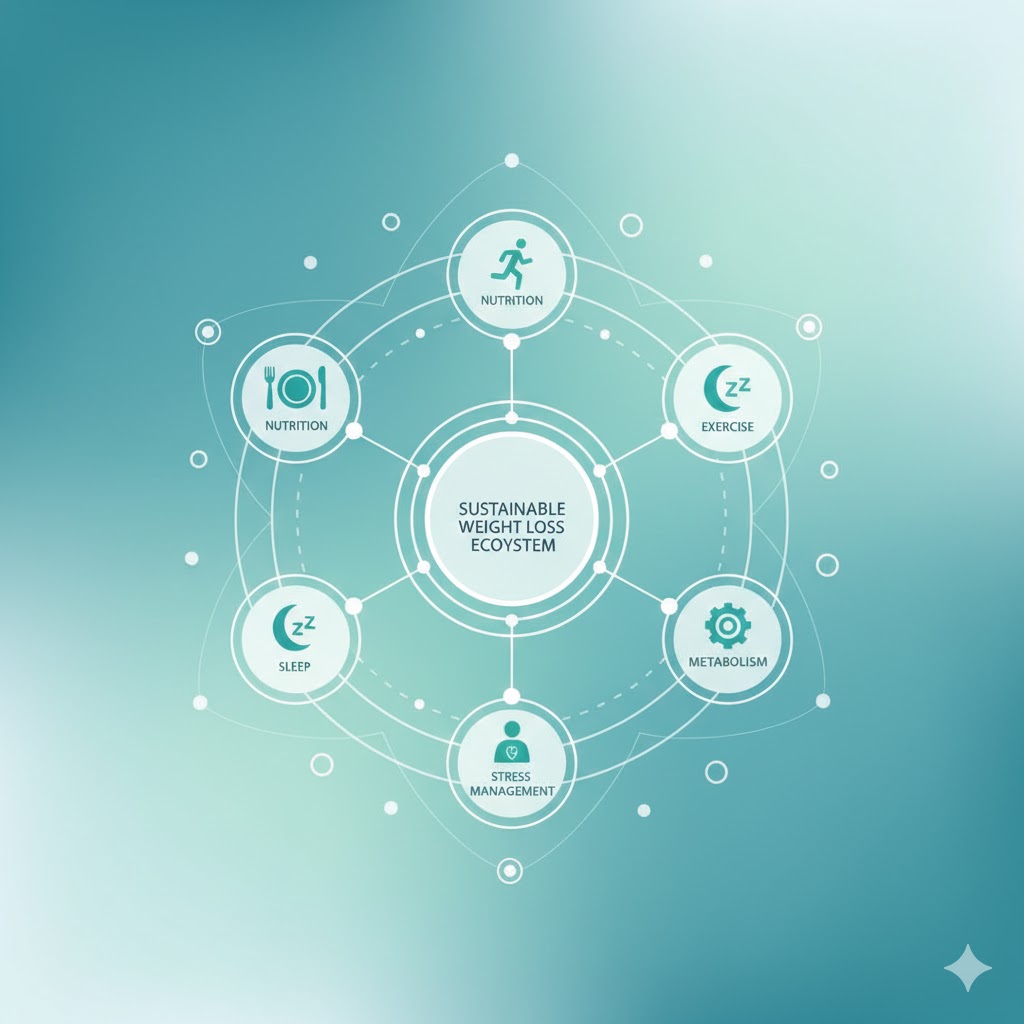 Sustainable weight loss methods including diet, exercise, lifestyle, and metabolism.