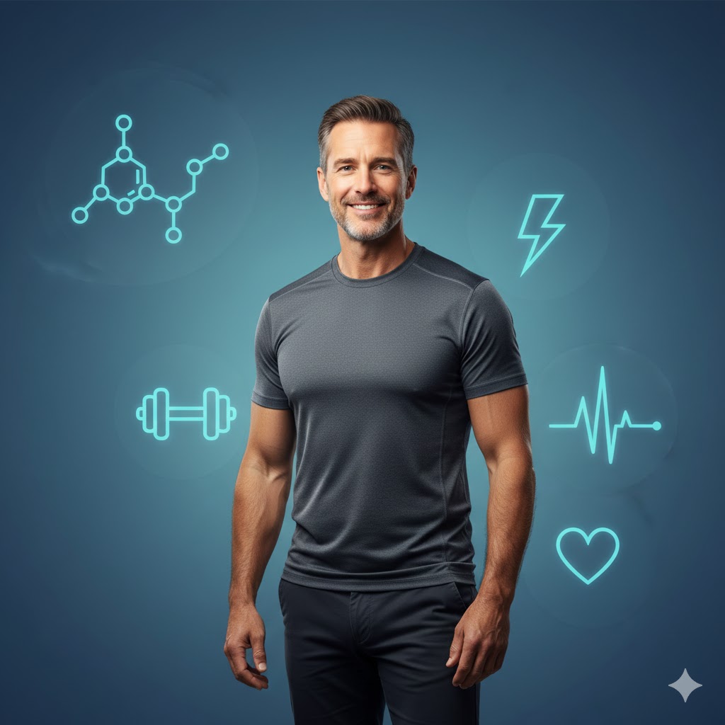 Testosterone Health Hub featured image showing a healthy adult man with icons representing hormones, energy, and strength.