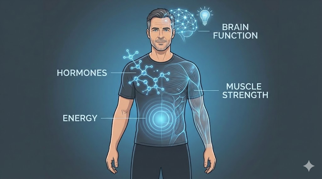 Testosterone health hub covering hormones, energy, strength, and male vitality