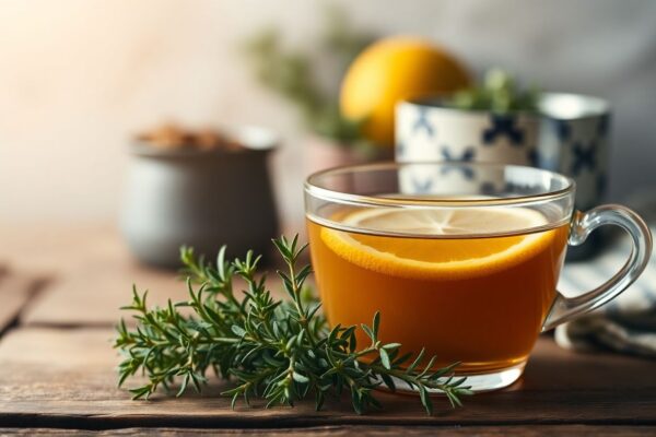 Fresh thyme sprigs and a cup of thyme tea with honey and lemon for natural respiratory support.