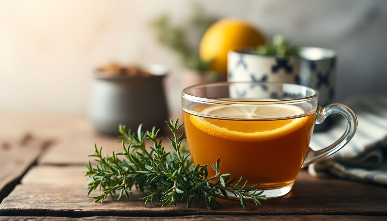 Fresh thyme sprigs and a cup of thyme tea with honey and lemon for natural respiratory support.