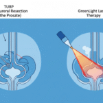 Diagram comparing TURP (cutting with a wire loop) vs. GreenLight Laser (vaporizing with laser energy) procedures for BPH."