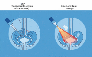 Diagram comparing TURP (cutting with a wire loop) vs. GreenLight Laser (vaporizing with laser energy) procedures for BPH."