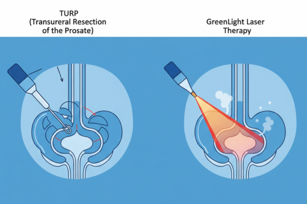 Diagram comparing TURP (cutting with a wire loop) vs. GreenLight Laser (vaporizing with laser energy) procedures for BPH."