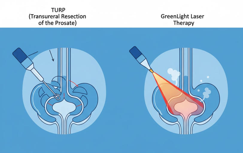 Diagram comparing TURP (cutting with a wire loop) vs. GreenLight Laser (vaporizing with laser energy) procedures for BPH."