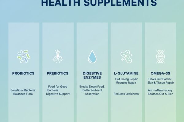 Infographic displaying different types of gut health supplements with icons representing digestion, microbiome balance, and gut repair.