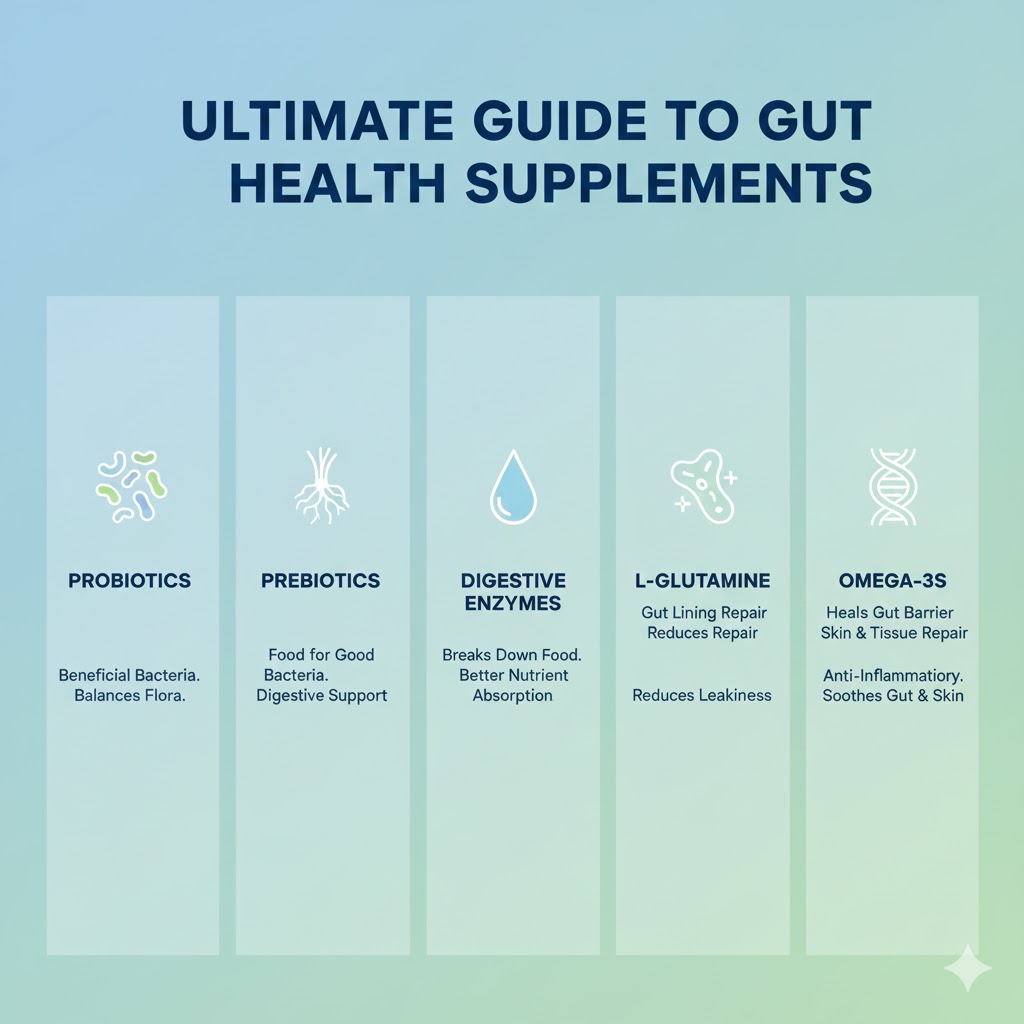Infographic displaying different types of gut health supplements with icons representing digestion, microbiome balance, and gut repair.