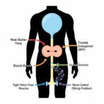 Diagram of male urinary tract showing 5 potential blockage points causing weak urine stream: bladder, prostate, urethra, pelvic floor, and nerves.
