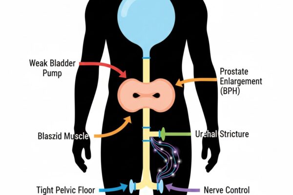 Diagram of male urinary tract showing 5 potential blockage points causing weak urine stream: bladder, prostate, urethra, pelvic floor, and nerves.