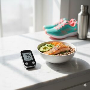 A modern blood glucose monitor next to a healthy diabetic-friendly meal and running shoes, representing a balanced approach to weight loss for diabetics.