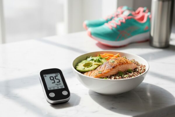 A modern blood glucose monitor next to a healthy diabetic-friendly meal and running shoes, representing a balanced approach to weight loss for diabetics.