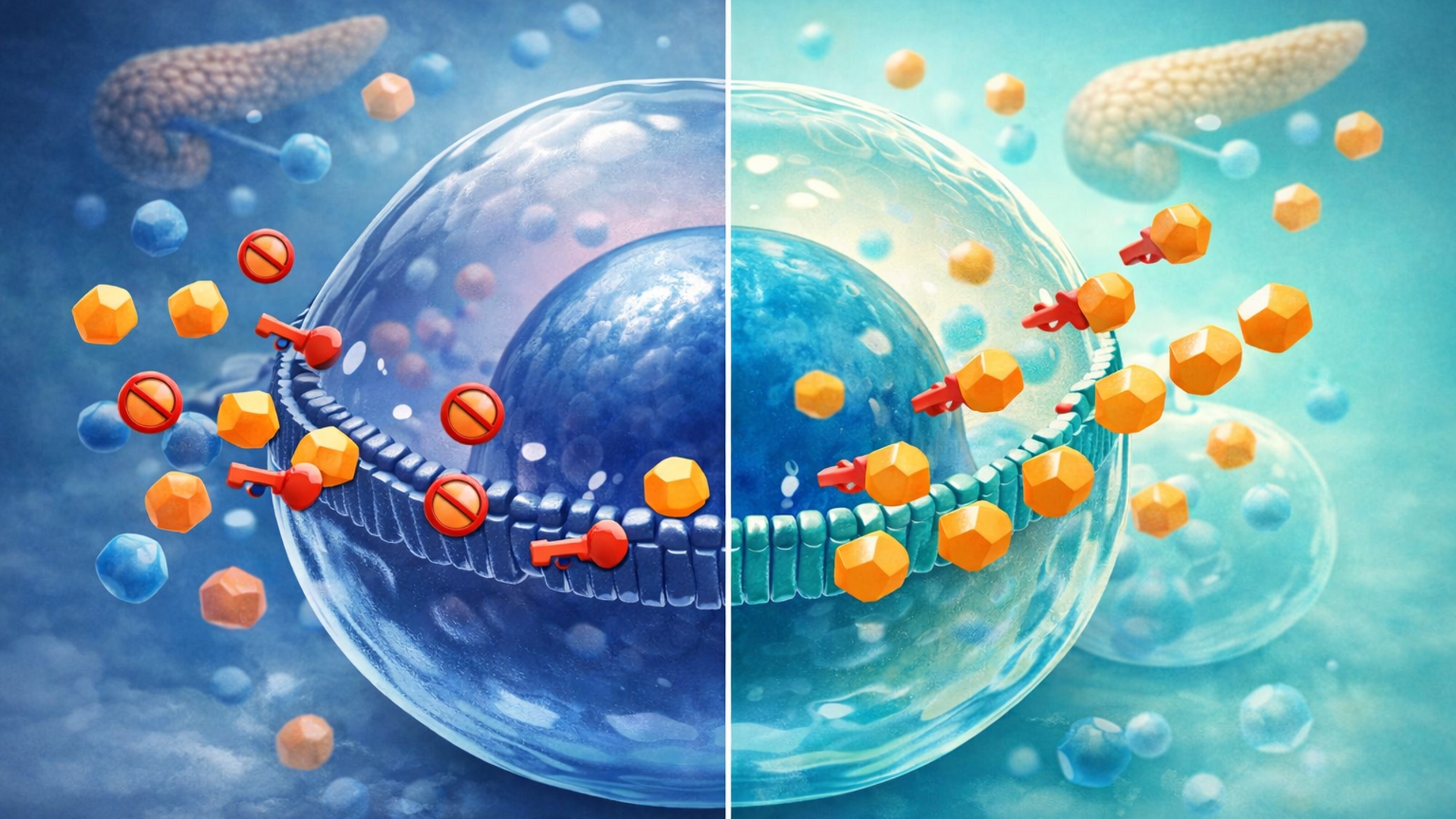 Medical illustration showing insulin resistance and impaired glucose entry into cells.