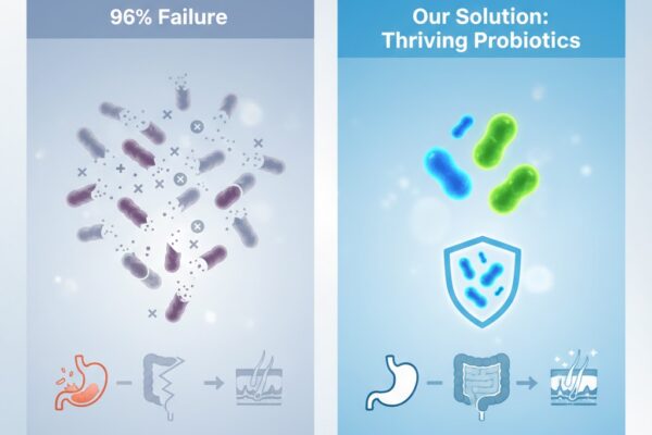 Infographic comparing failing probiotics with effective, acid-resistant strains for gut and skin health.
