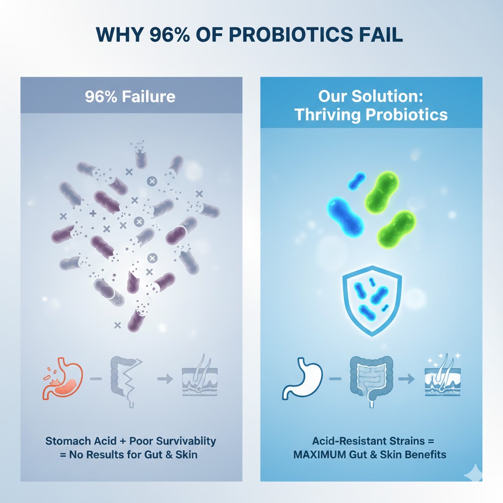 Infographic comparing failing probiotics with effective, acid-resistant strains for gut and skin health.
