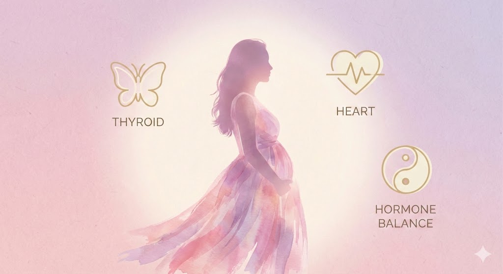 Illustration symbolizing women’s hormonal and thyroid balance with feminine pastel tones.