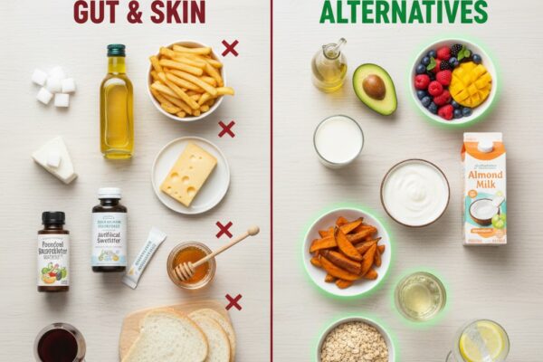 Image comparing harmful gut/skin foods to healthy replacements.