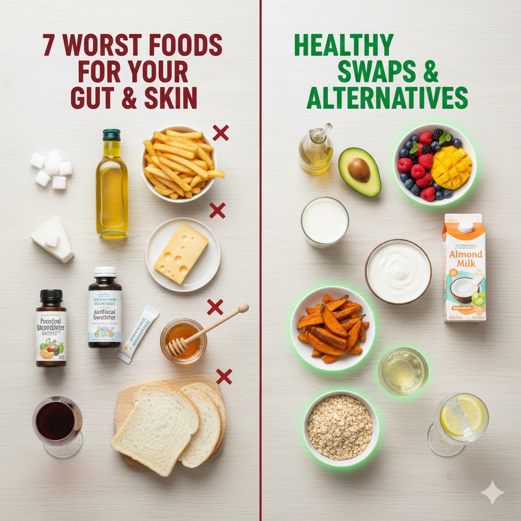 Image comparing harmful gut/skin foods to healthy replacements.
