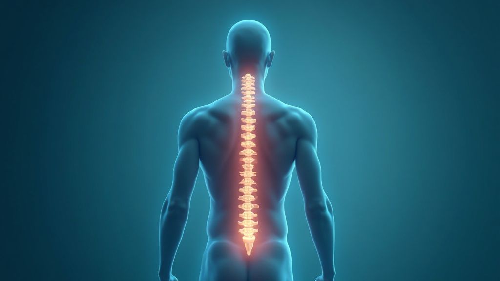 Medical illustration showing the spine and common back pain areas