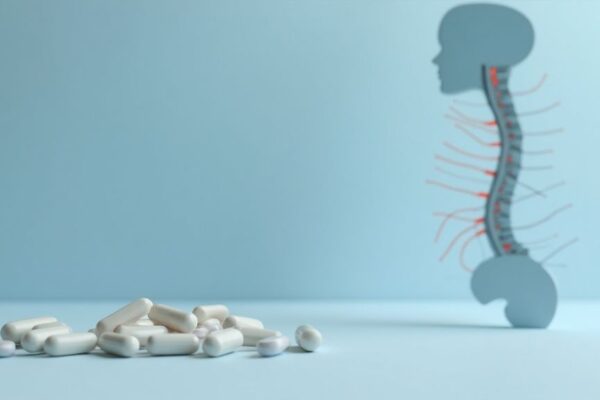 Supplements used for back pain support alongside spine illustration