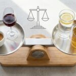 Balance scale showing coffee and wine on one side, water and herbal tea on the other, representing moderation for BPH symptoms.