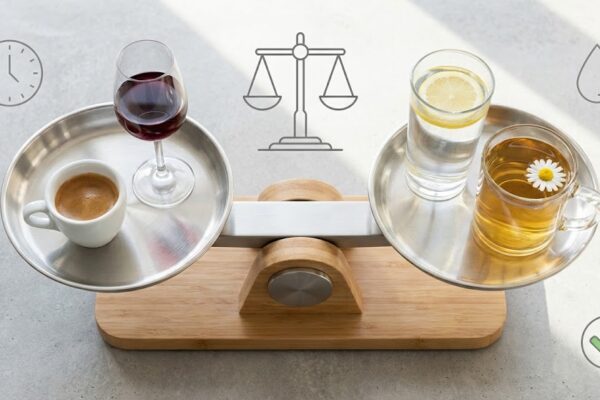 Balance scale showing coffee and wine on one side, water and herbal tea on the other, representing moderation for BPH symptoms.