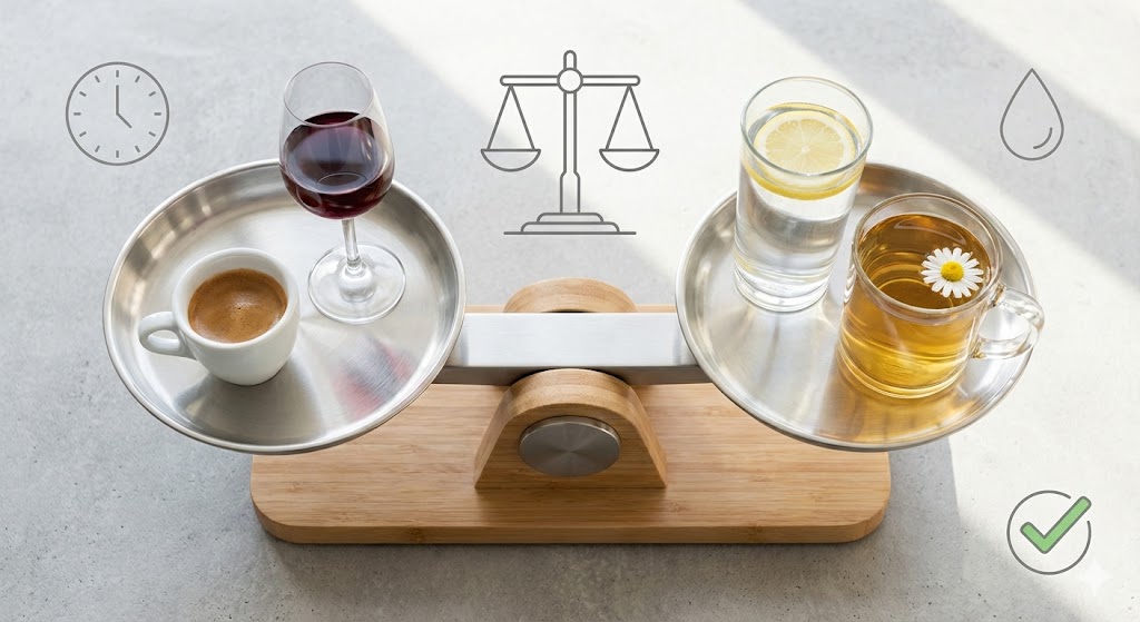 Balance scale showing coffee and wine on one side, water and herbal tea on the other, representing moderation for BPH symptoms.