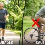 A comparison image showing brisk walking as a good exercise for BPH, and cycling with a narrow seat as an activity to be cautious about.