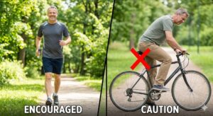 A comparison image showing brisk walking as a good exercise for BPH, and cycling with a narrow seat as an activity to be cautious about.