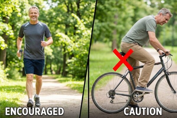 A comparison image showing brisk walking as a good exercise for BPH, and cycling with a narrow seat as an activity to be cautious about.