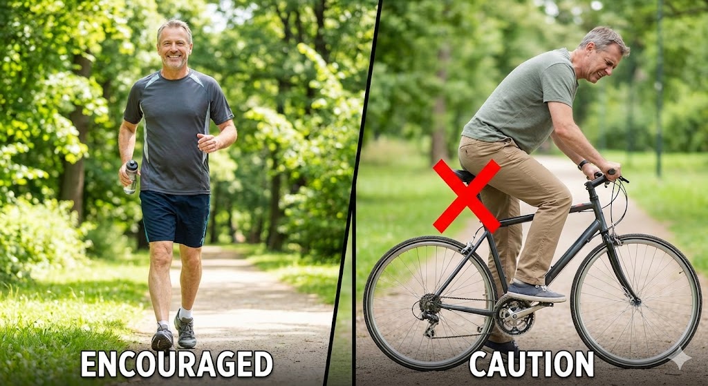 A comparison image showing brisk walking as a good exercise for BPH, and cycling with a narrow seat as an activity to be cautious about.