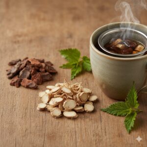 Pygeum bark, stinging nettle root, and a mug of herbal tea, representing natural herbal remedies for BPH symptoms.