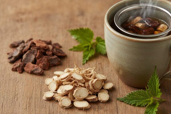Pygeum bark, stinging nettle root, and a mug of herbal tea, representing natural herbal remedies for BPH symptoms.