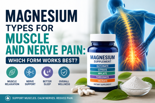 Illustration showing different magnesium supplement types for muscle and nerve pain support, including glycinate, citrate, malate, threonate, and taurate.