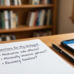 A notebook with a prepared list of questions for a urologist appointment, alongside a smartphone with a symptom tracker, emphasizing patient preparation.