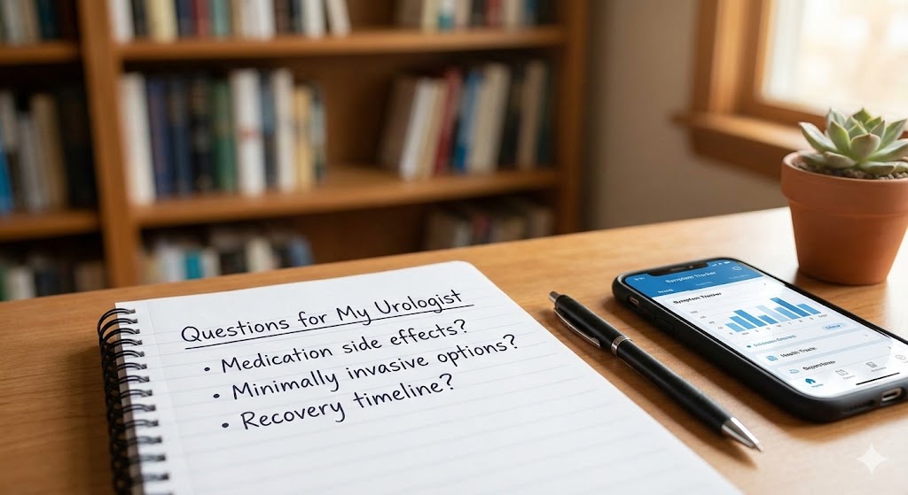 A notebook with a prepared list of questions for a urologist appointment, alongside a smartphone with a symptom tracker, emphasizing patient preparation.