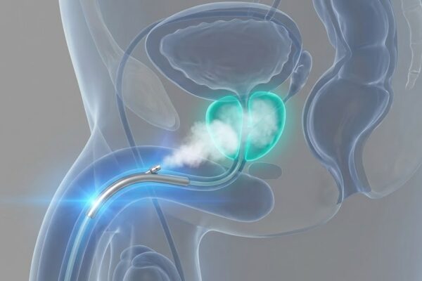 3D medical illustration of Rezūm Water Vapor Therapy procedure, showing steam being delivered to an enlarged prostate to treat BPH