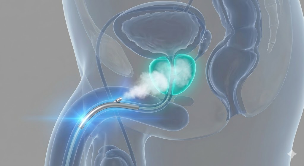 3D medical illustration of Rezūm Water Vapor Therapy procedure, showing steam being delivered to an enlarged prostate to treat BPH