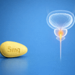 A 5mg Tadalafil (Cialis) tablet next to a diagram of the urinary system, representing its use for treating BPH symptoms.
