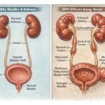 Medical illustration comparing a healthy urinary system to one damaged by long-term untreated BPH, showing bladder thickening and kidney swelling.
