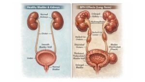 Medical illustration comparing a healthy urinary system to one damaged by long-term untreated BPH, showing bladder thickening and kidney swelling.
