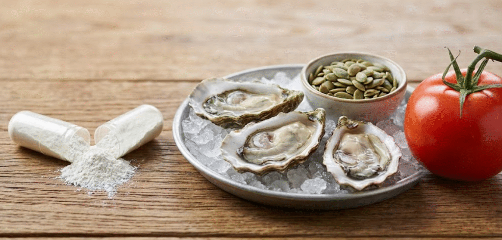 Zinc supplement capsule and zinc-rich foods like oysters and pumpkin seeds on a table, representing sources of zinc for prostate health.