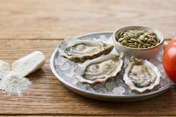 Zinc supplement capsule and zinc-rich foods like oysters and pumpkin seeds on a table, representing sources of zinc for prostate health.