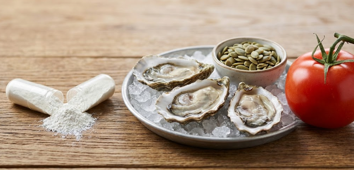 Zinc supplement capsule and zinc-rich foods like oysters and pumpkin seeds on a table, representing sources of zinc for prostate health.