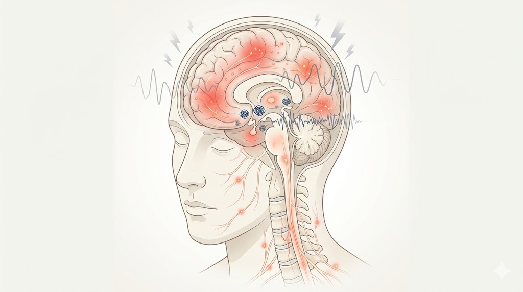 Medical illustration showing brain and nervous system inflammation affecting cognition, stress, and sleep.