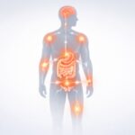 Medical illustration showing chronic inflammation affecting joints, brain, gut, metabolism, and hormones.